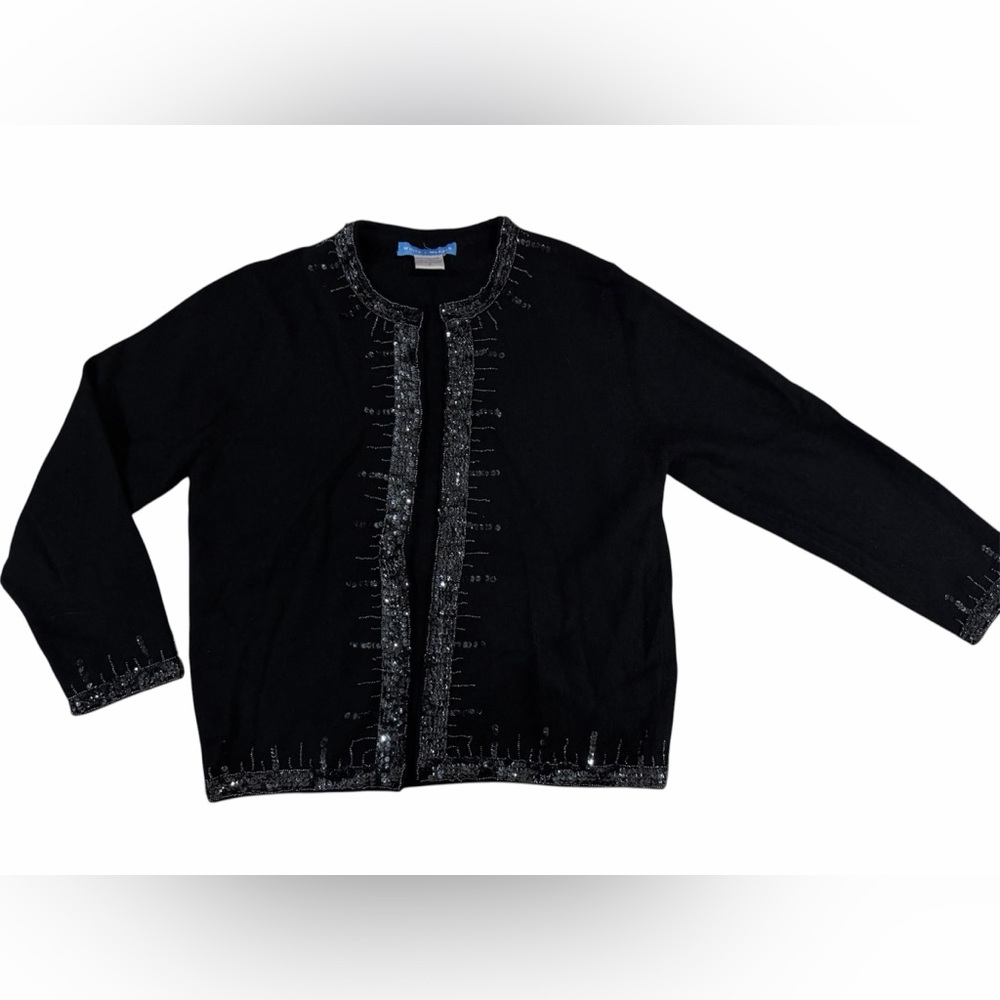White + Warren 100% Cashmere Black Beaded Sequin Cardigan Sweater